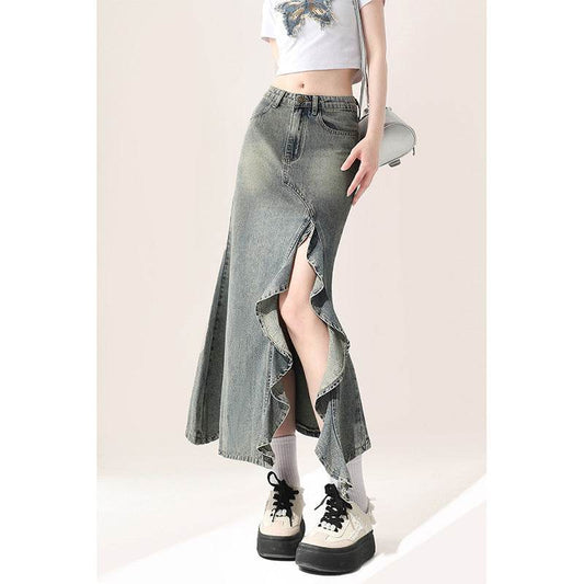 Irregular Half-length Split Denim long Skirt - Velora