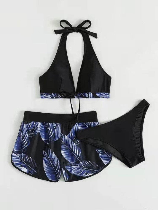 3pcs Leaf Print Bikini With Shorts Fashion Summer Beach Swimsuit Womens Clothing - Velora