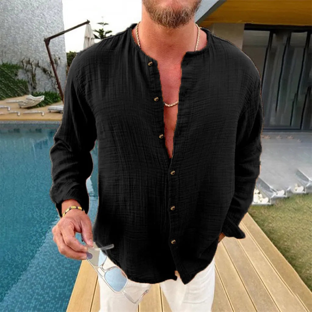Men's Full Size Linen Button-Down Mandarin Collar Shirt Plus Size - Velora