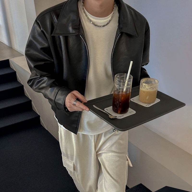 Cropped Leather Coat Male Polo Collar Top - Velora