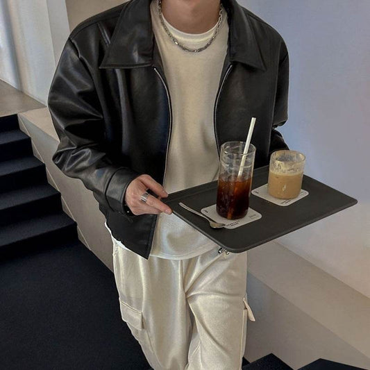Cropped Leather Coat Male Polo Collar Top - Velora