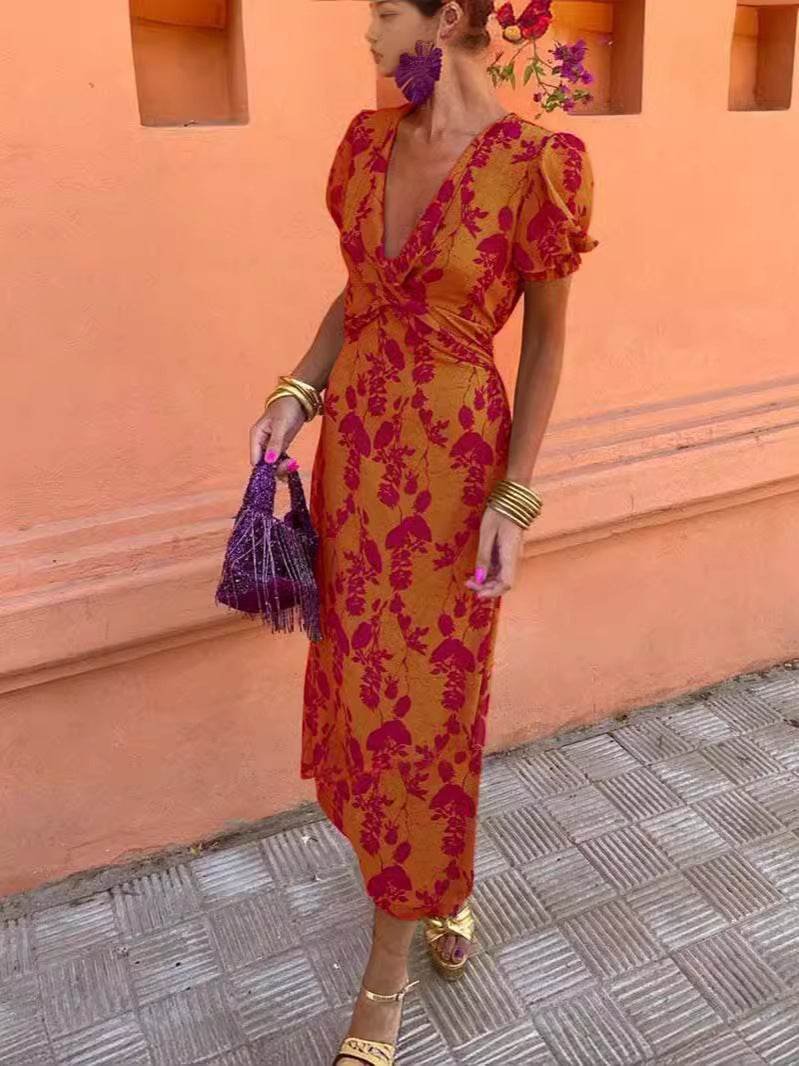 Summer V-neck Short-sleeved Dress Fashion Flowers Printed Slim Beach Dresses For Women Clothing - Velora