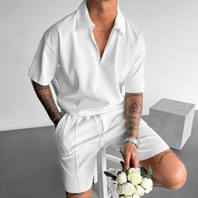Summer Fashion Mens Clothing Men's Suits New Zipper Polo Casual Short Sleeve Drawstring Shorts Men's Set - Velora