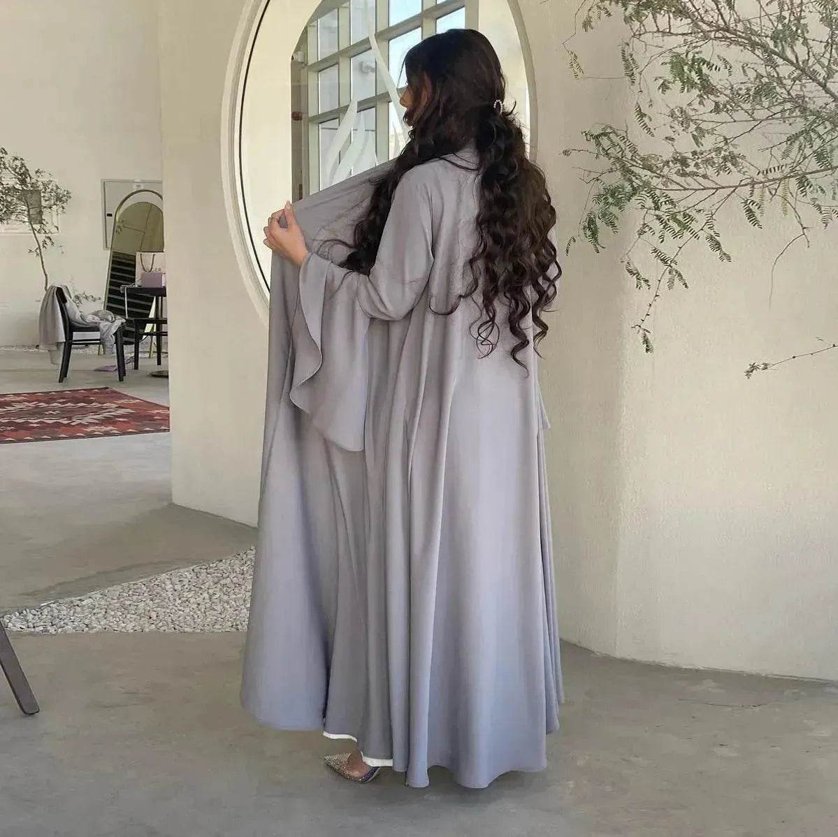 Abaya two piece set Elegant Satin Plain Color Abaya Kimono Open front Abaya Dubai Abaya wear for Middle East Women - Velora