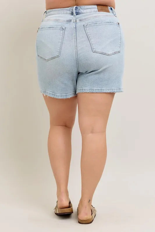 Judy Blue Full Size Frayed Hem High Rise Denim Shorts with Pockets Plus Size - Velora
