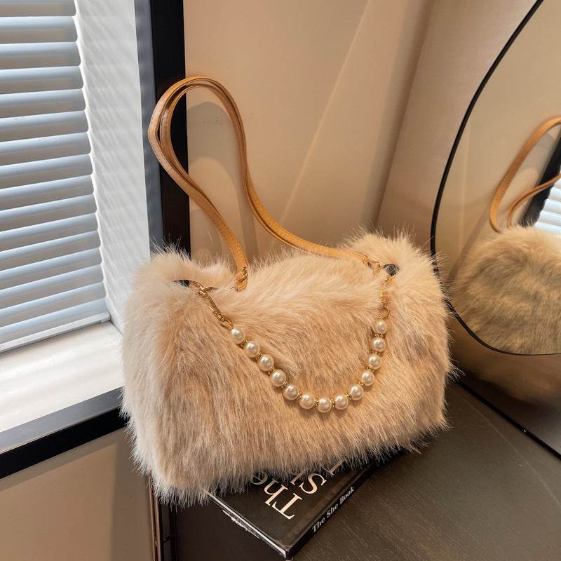 Autumn And Winter Fashion Shoulder Bags Pearl Chain Crossbody Bag Versatile Commuting Armpit Plush Female Bag - Velora