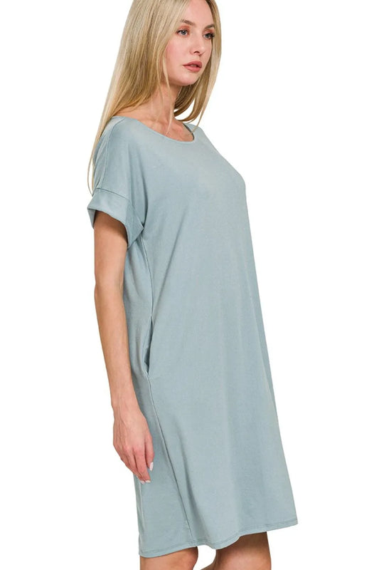 Zenana Rolled Short Sleeve Round Neck Dress - Velora