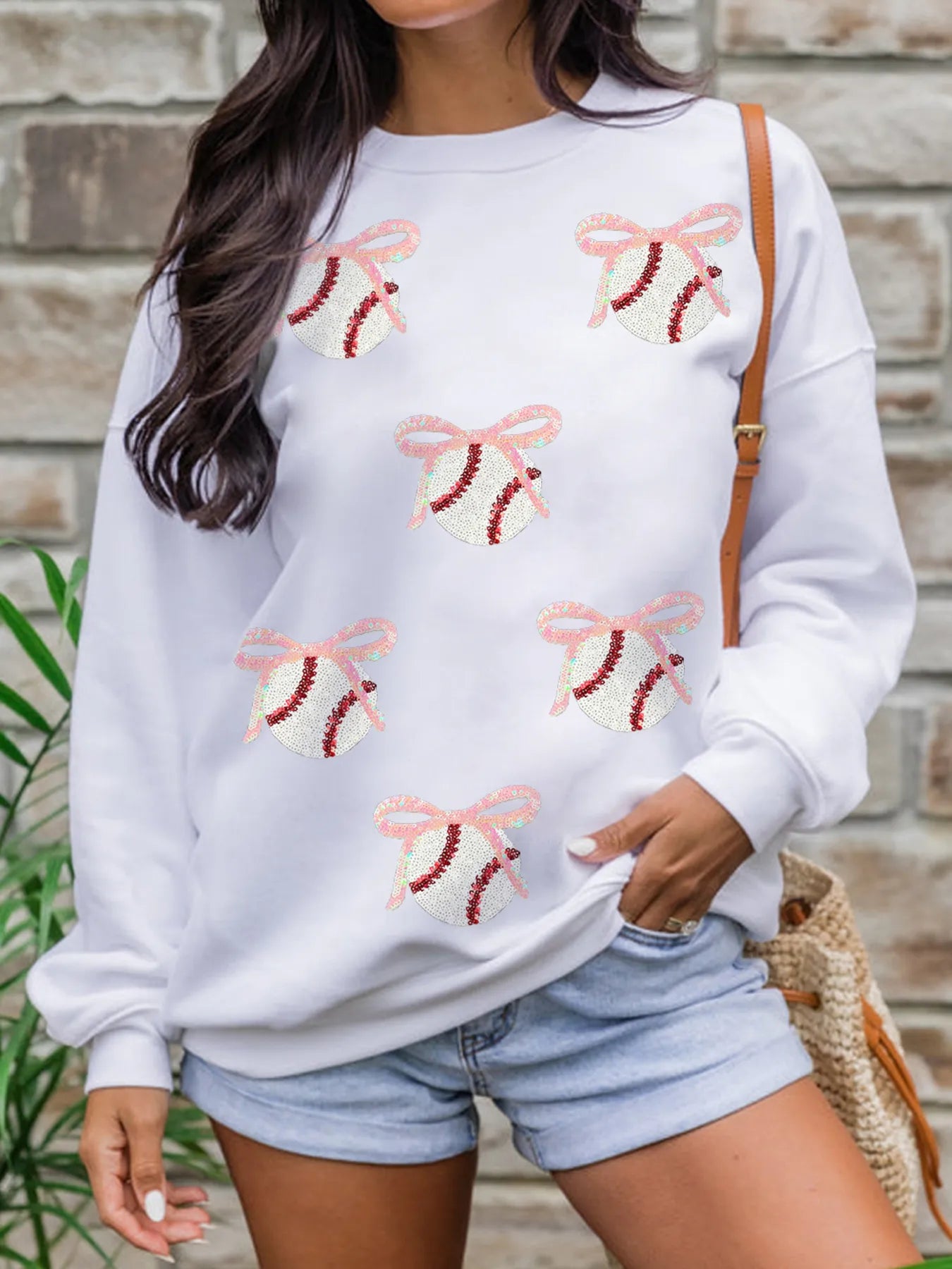 Sequin Bow Baseball Patched Casual Sweatshirt - Velora