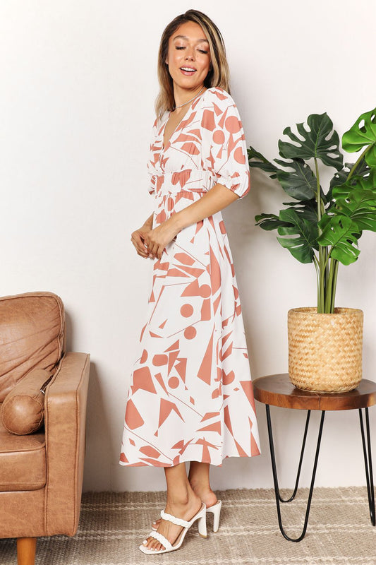 Printed Surplice Balloon Sleeve Dress - Velora