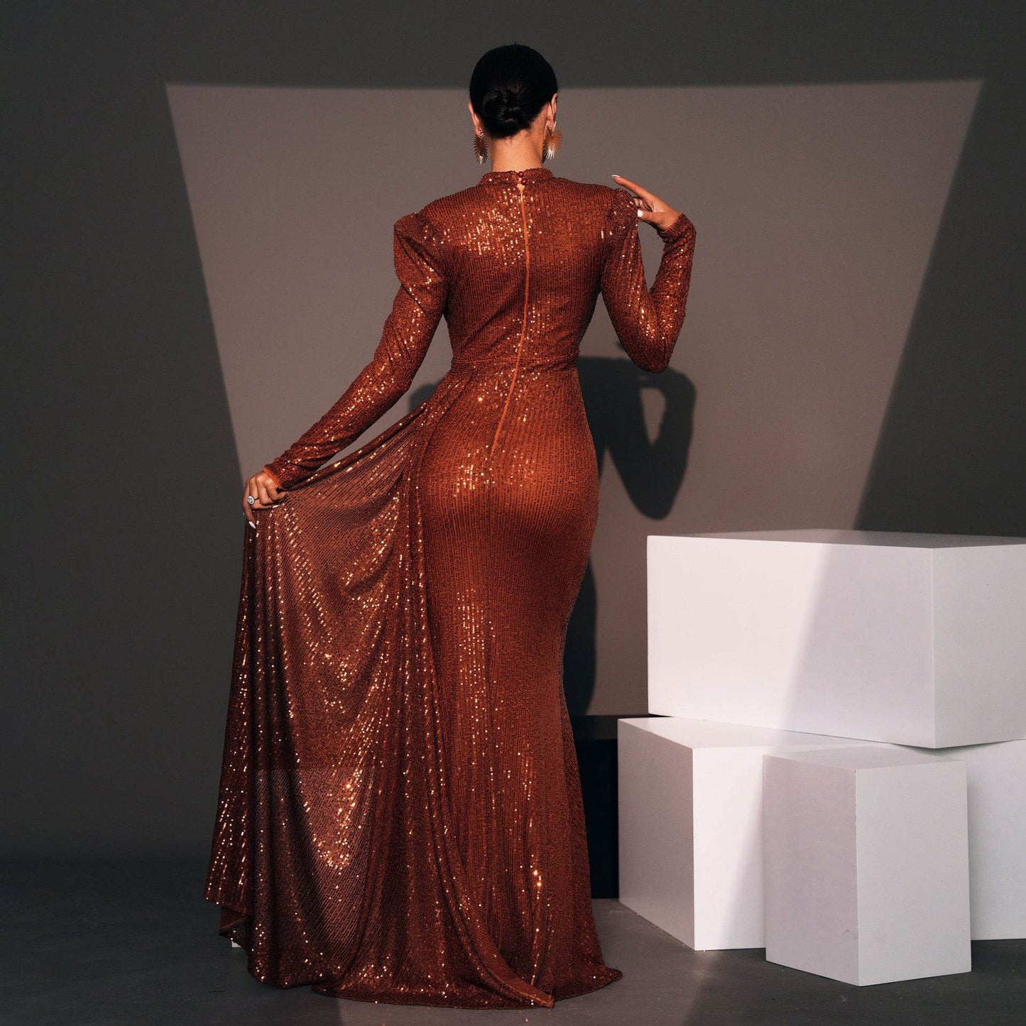 Long Sleeve Round Neck Sexy Slim Long Sequined Banquet Dress - Velora