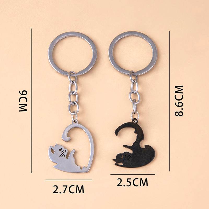 Love Heart Black White Cats Stainless Steel Couple Keychains - Velora