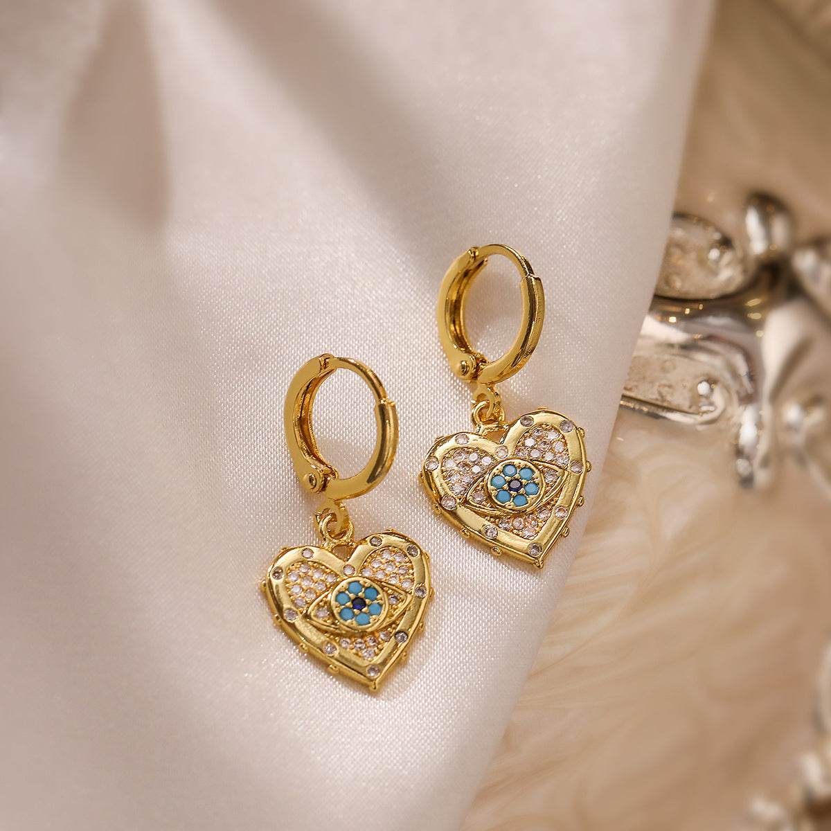 Fashion Jewelry Personality Copper Plated Real Gold Heart-shaped Zircon Pendant Necklace And Earrings Suite - Velora