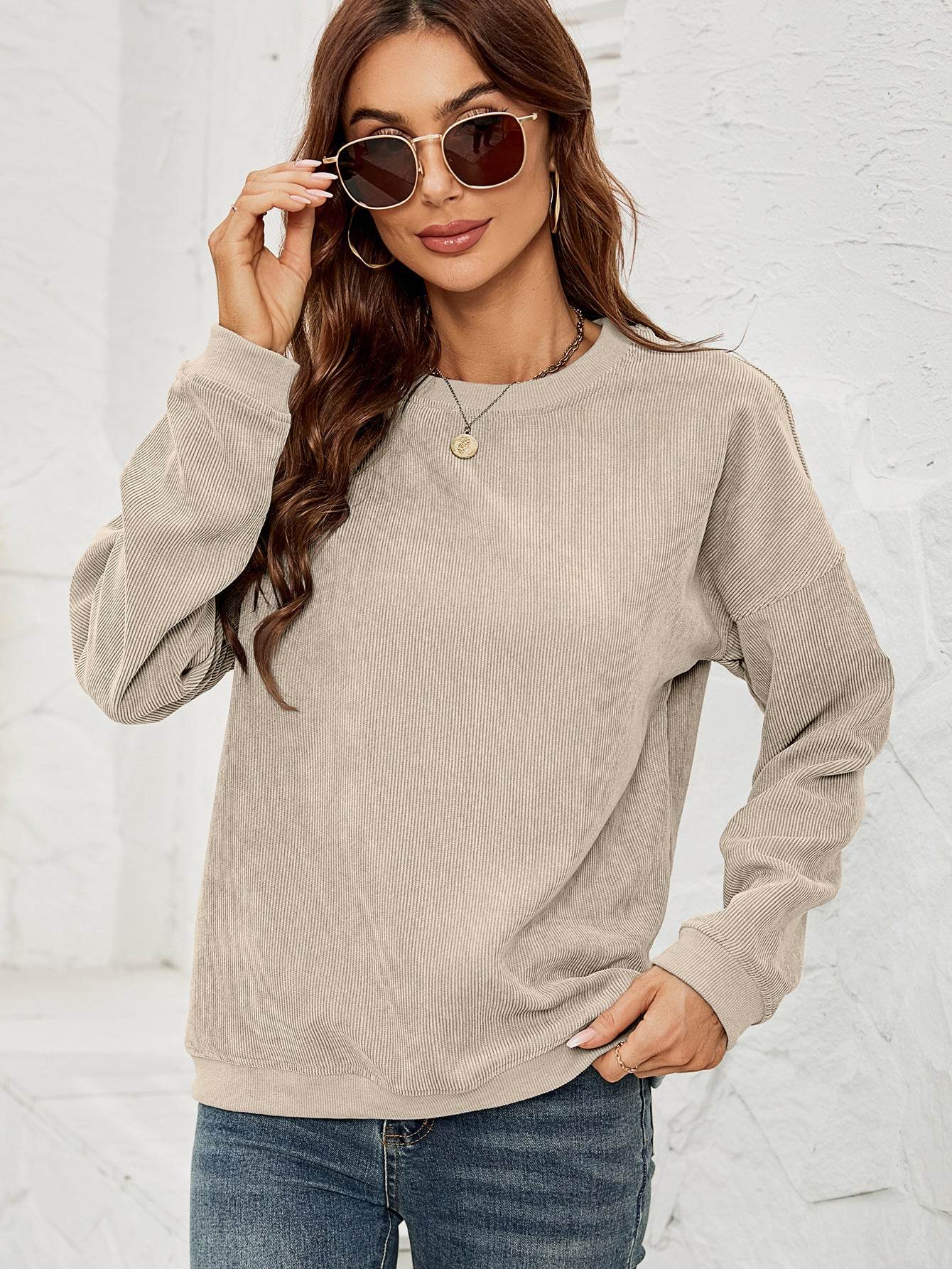 Corduroy Pullover Sweatshirt Casual Fashion Solid Round Neck Long-sleeved Tops Spring And Autumn Clothing For Women - Velora