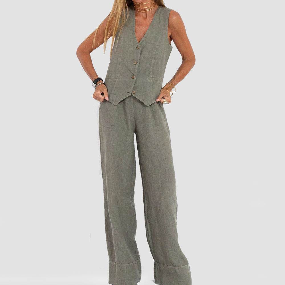 Summer Vest Suits V-neck Botton Sleeveless Top And Loose Straight Trousers Casual Womens Clothing - Velora
