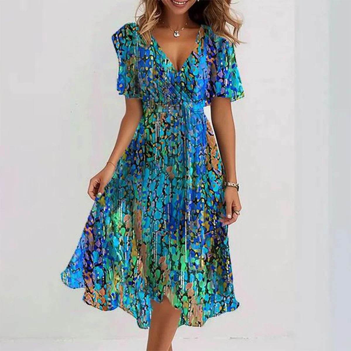 Chiffon Printed Short Sleeve Dress Summer Elegant V-neck Dresses Womens Clothing - Velora