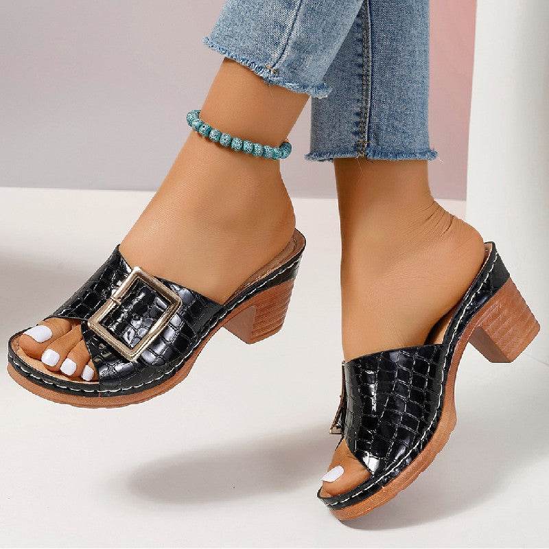 Fashion Crocodile-textured Buckle Sandals Square Chunky Heel Peep-toe Slides Slippers Women Shoes - Velora