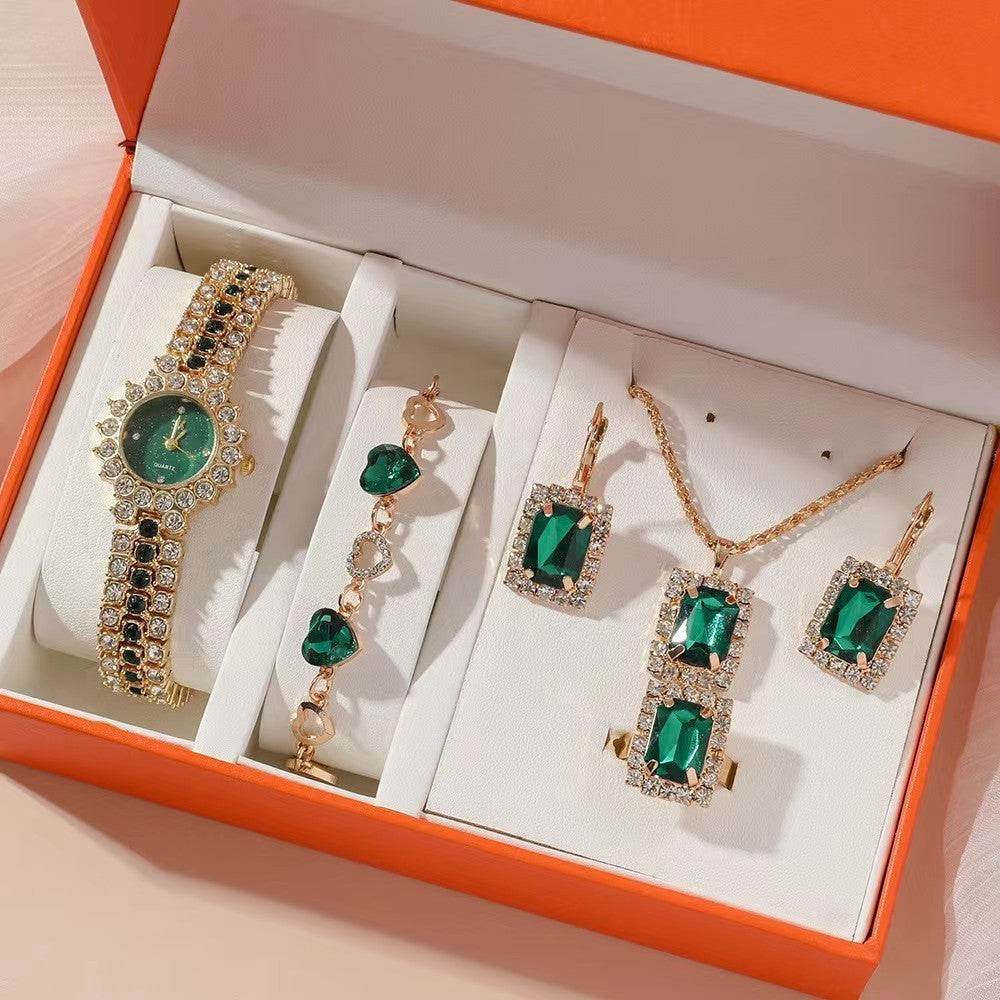 Popular Small Green Watch Women's Steel Belt Quartz Watch Ring Gift Set Boxed Five-piece Set - Velora