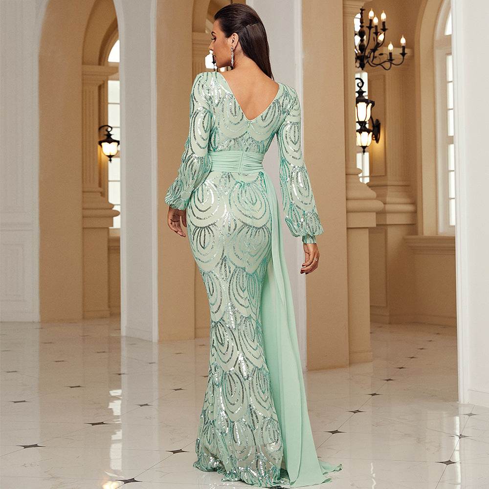 Long Sleeve Sexy Long Sequined V-neck Banquet Ribbon Evening Dress - Velora