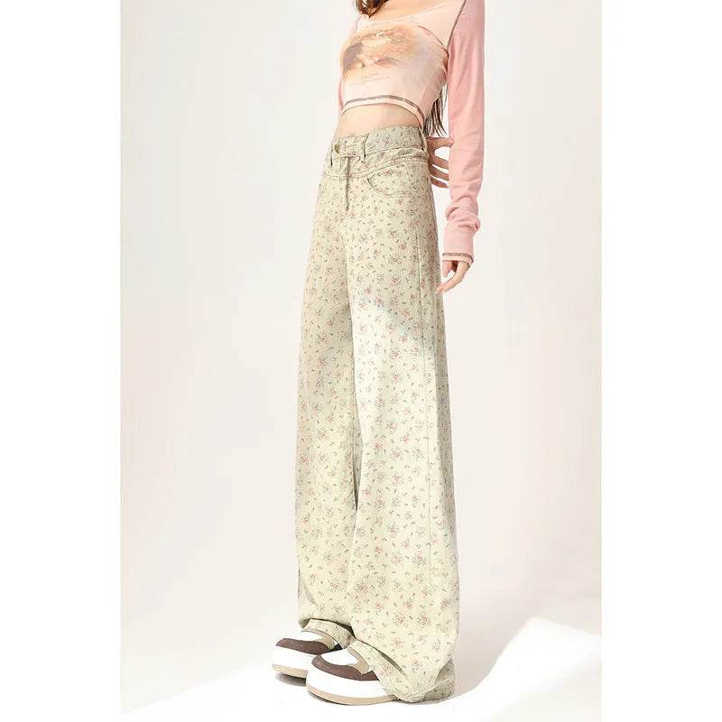 Mint Mambo Green Floral Baggy Jeans Pant For Women - Velora