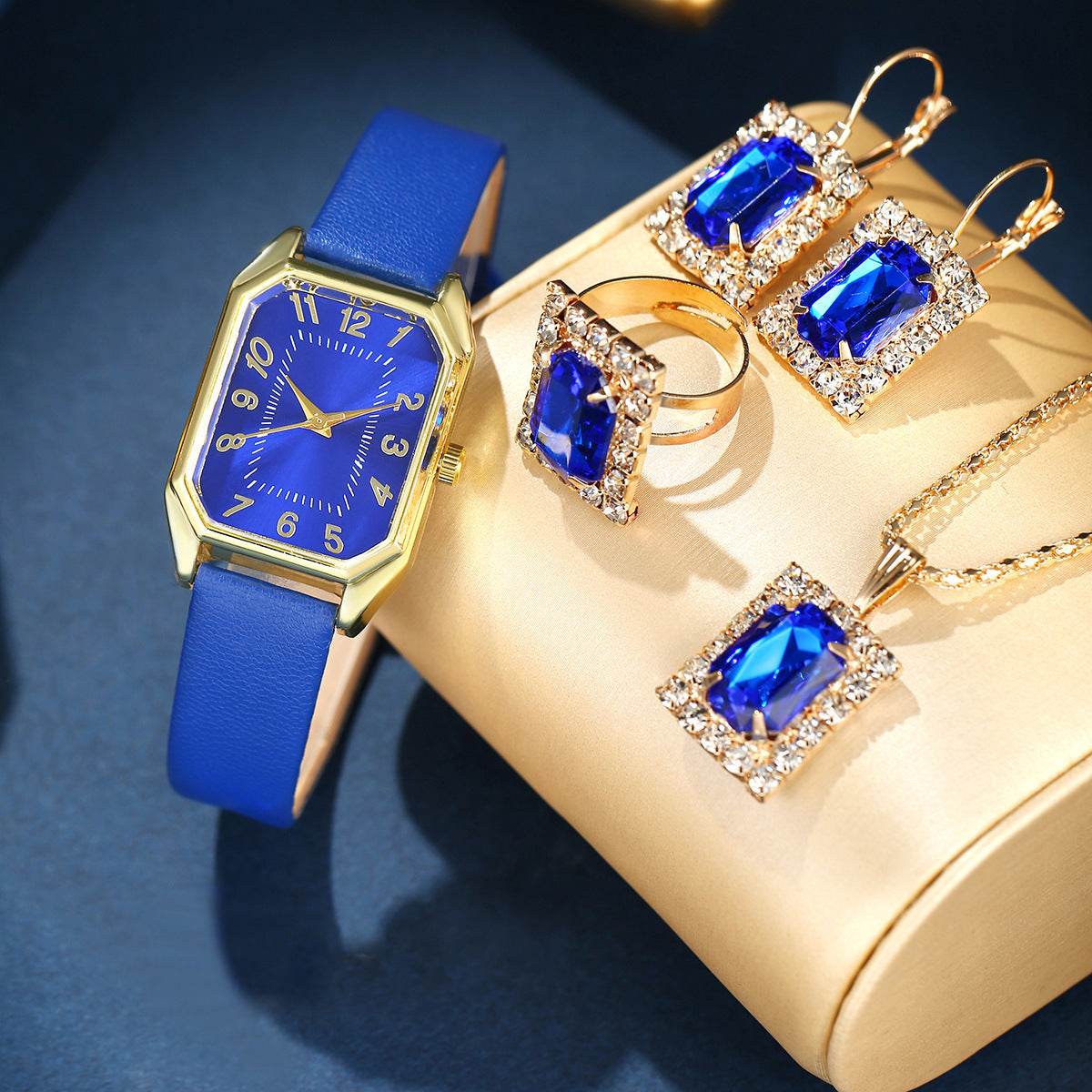 Leather Women's Watch Square Quartz Watch Korean Necklace Earrings Ring Set - Velora