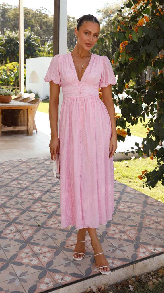 V-neck Short-sleeved Dress With Slim-waisted Design Summer Fashion Puff Sleeve Long Dress For Women Clothing - Velora