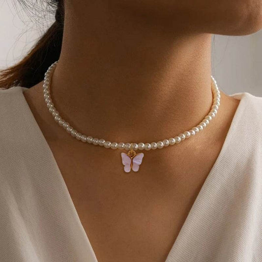 Elegant White Pearl Choker Necklace Small Round Pearl Wedding Butterfly Necklace For Women Charm Fashion Jewelry - Velora