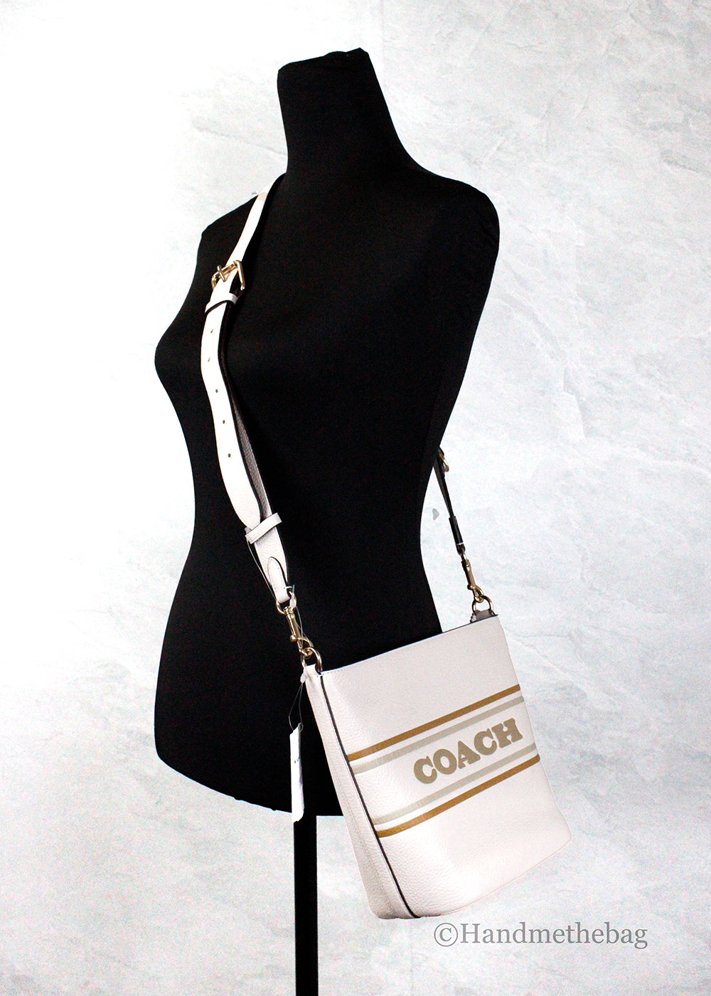 Coach Logan Striped Chalk Leather Duffle Crossbody Shoulder Bag