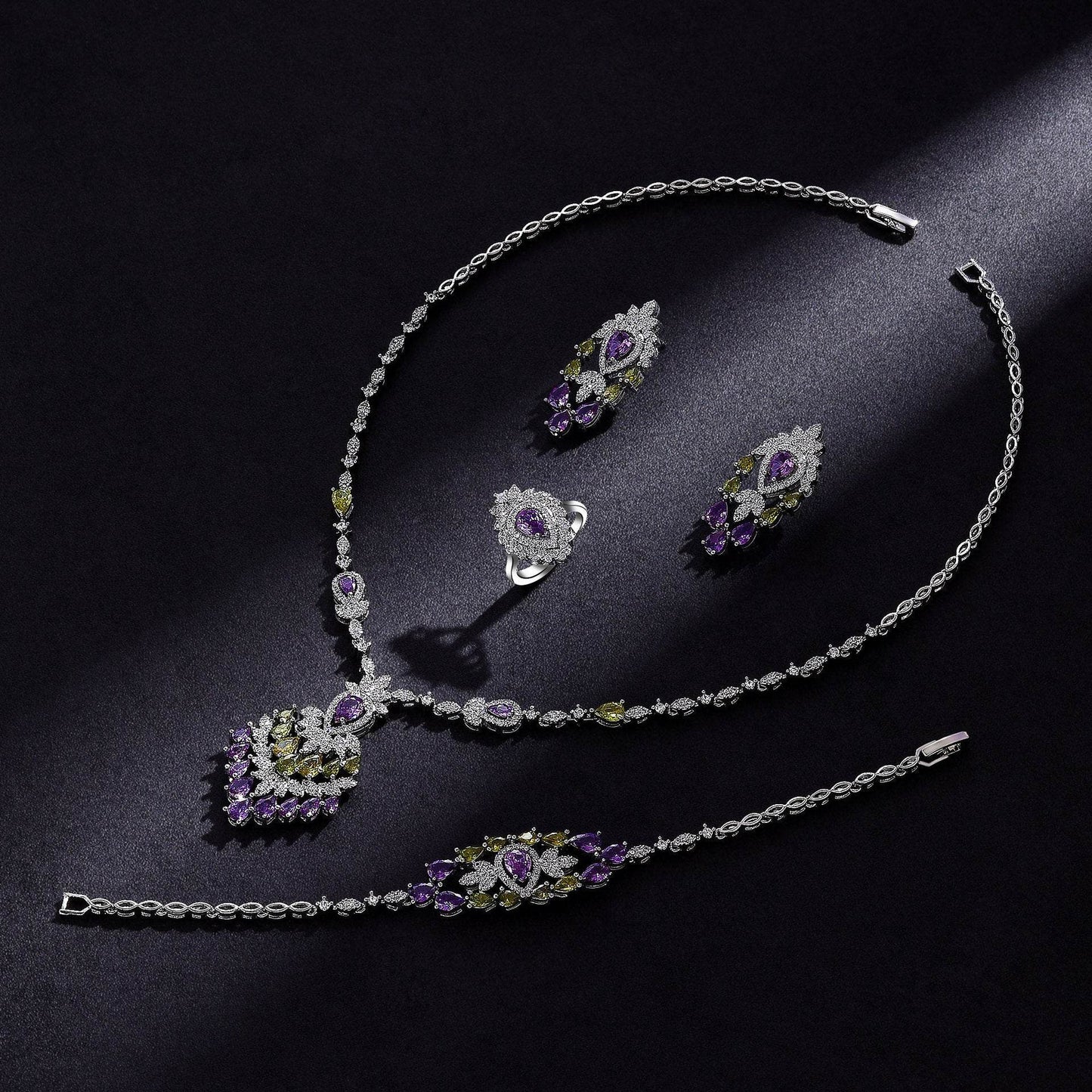 Color Zirconium Necklace Earrings 4-piece Set - Velora