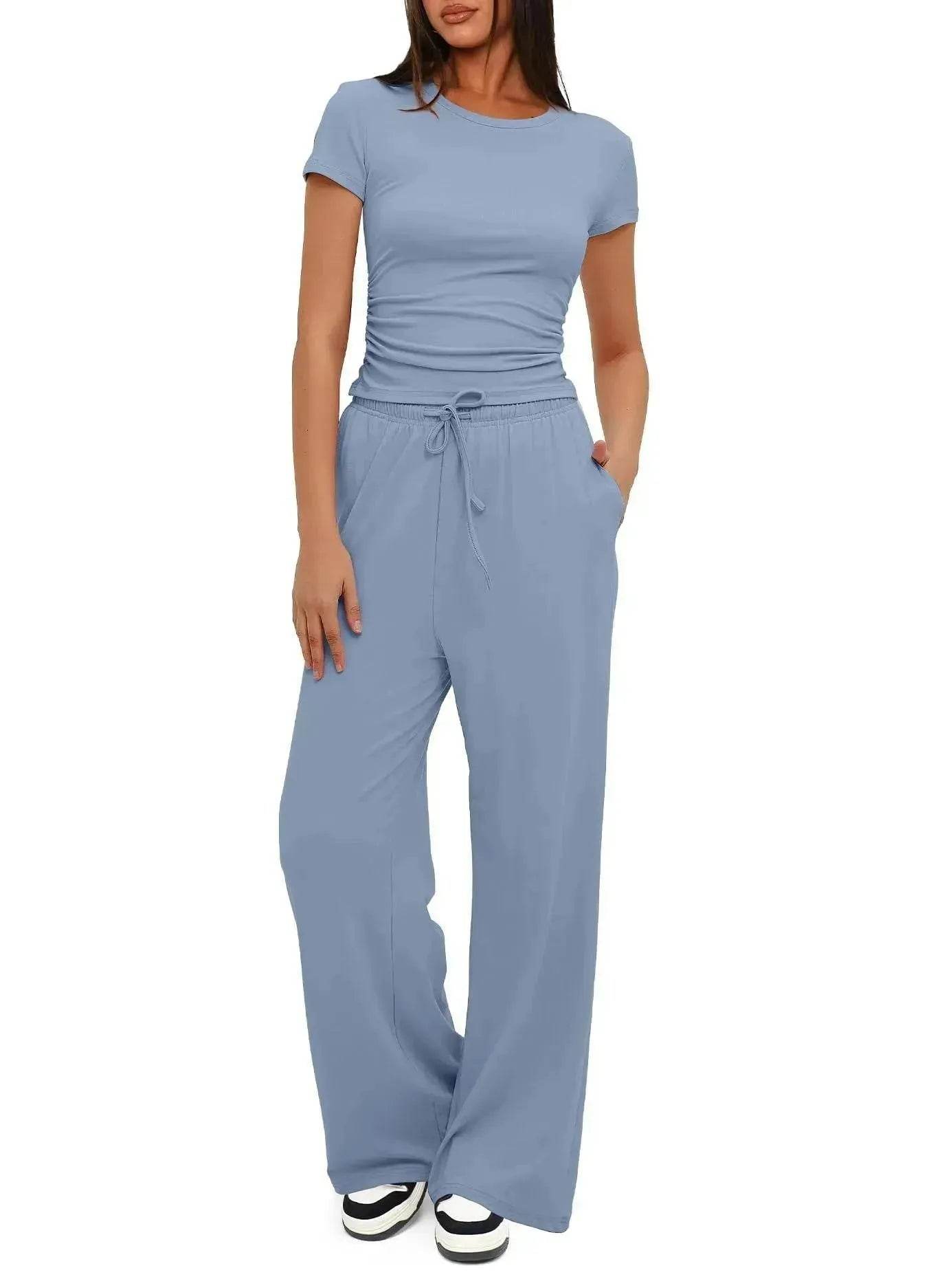 2pcs Solid Color Casual Sports Suit Short-sleeved Top And High-waisted Drawstring Wide-leg Pants Summer Fashion Set For Womens Clothing - Velora