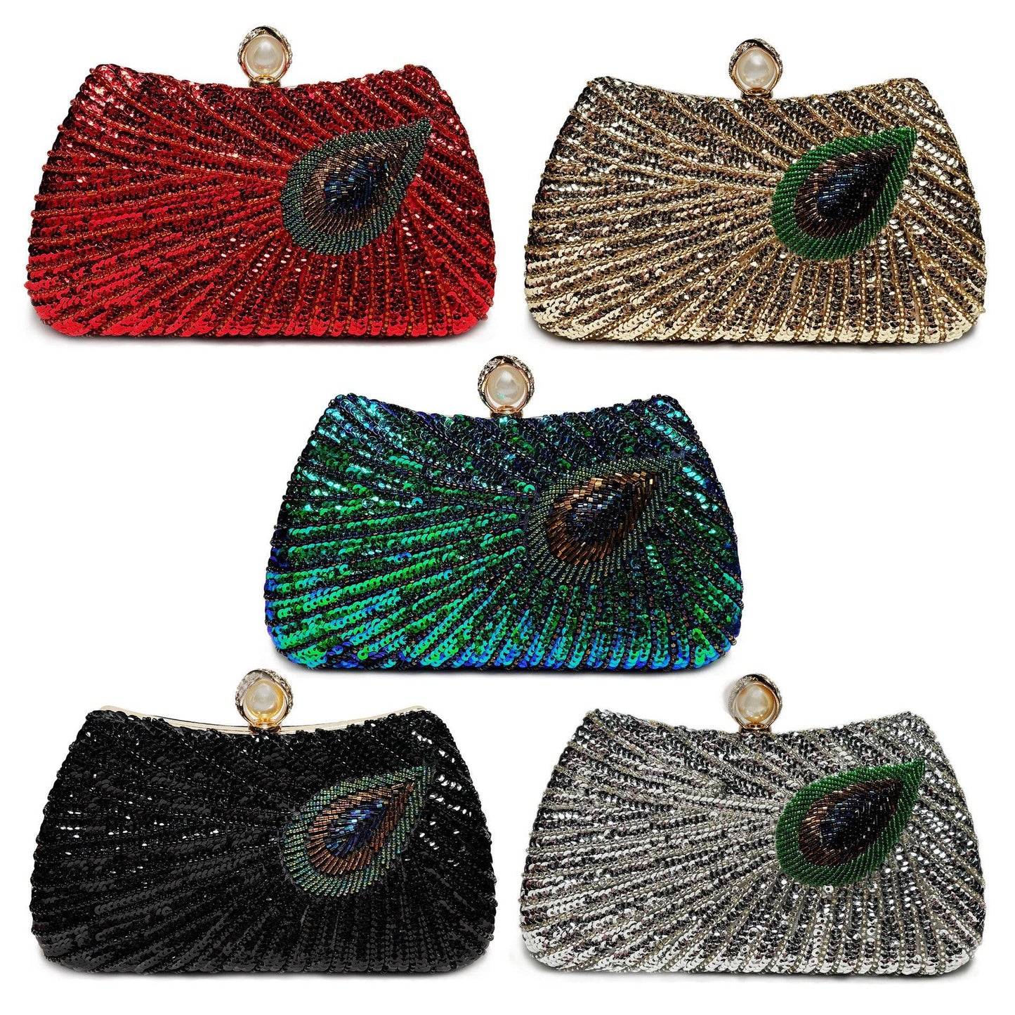 Beaded Peacock Feather Large Pearl Rhinestone Large Capacity Crossbody Shoulder Bag - Velora