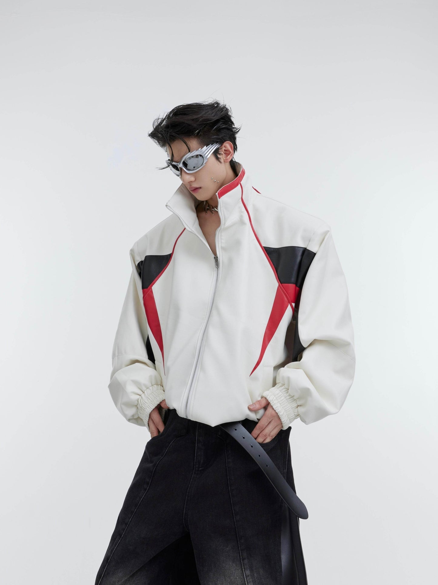 Retro Contrasting Color Patchwork Standing Collar PU Jacket - Velora
