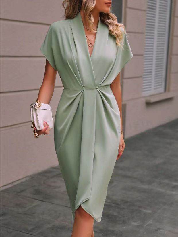 Summer Batwing Sleeve Dress Fashion V-neck Short Sleeve Pleated Dresses Womens Clothing - Velora