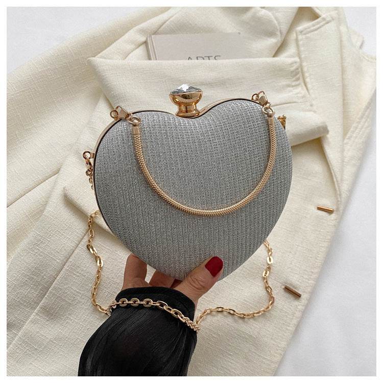 Evening Clutch Bag Women Bag Shiny Handbag Heart Shape Metal Clutches Bag Fashion Chain Shoulder Crossbody Bag Luxury Lady Purse Valentines Day Outfit - Velora