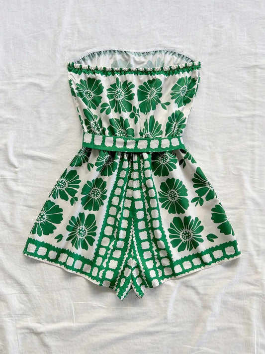 Printed Tube Tie Waist Romper - Velora