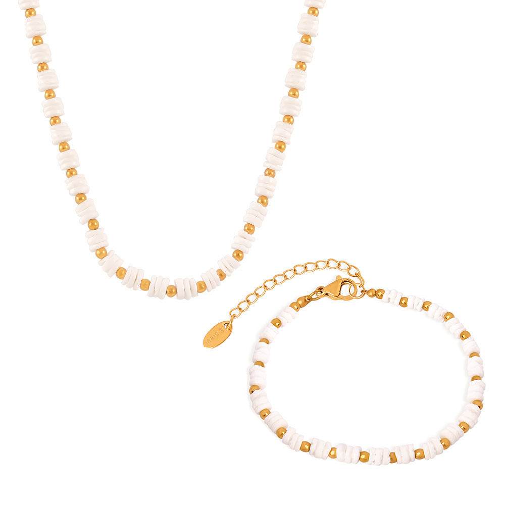 Light Luxury Shell Beaded Titanium Steel Plated Bracelet And Necklace Set - Velora
