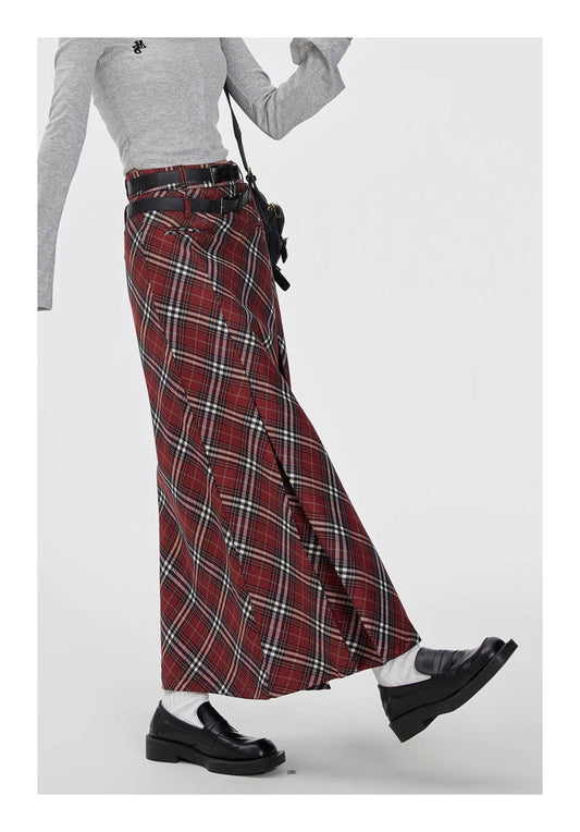 Retro Plaid High Waist student maxi Skirt - Velora