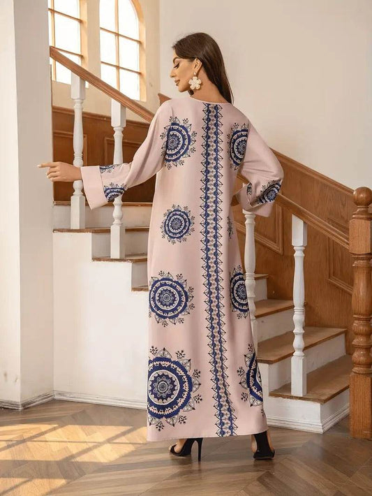 Long Women's Robe, Round Neck And Printed Dress - Velora