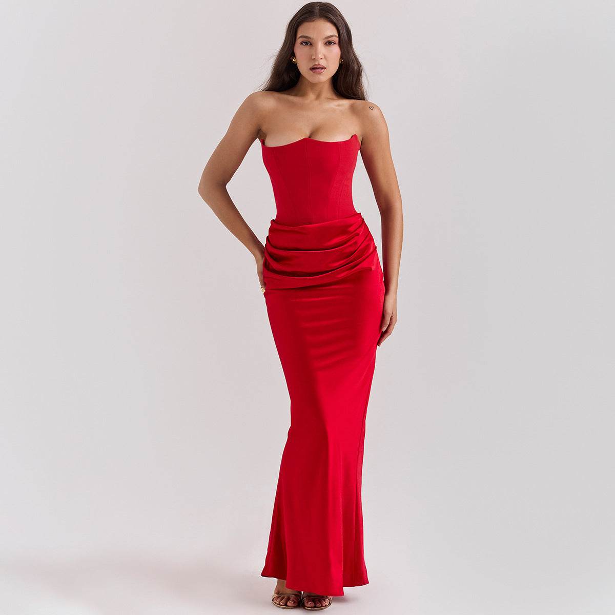 Fishbone Bandeau Slim-fit Backless Autumn And Winter Velvet Dress Black Evening Gown - Velora