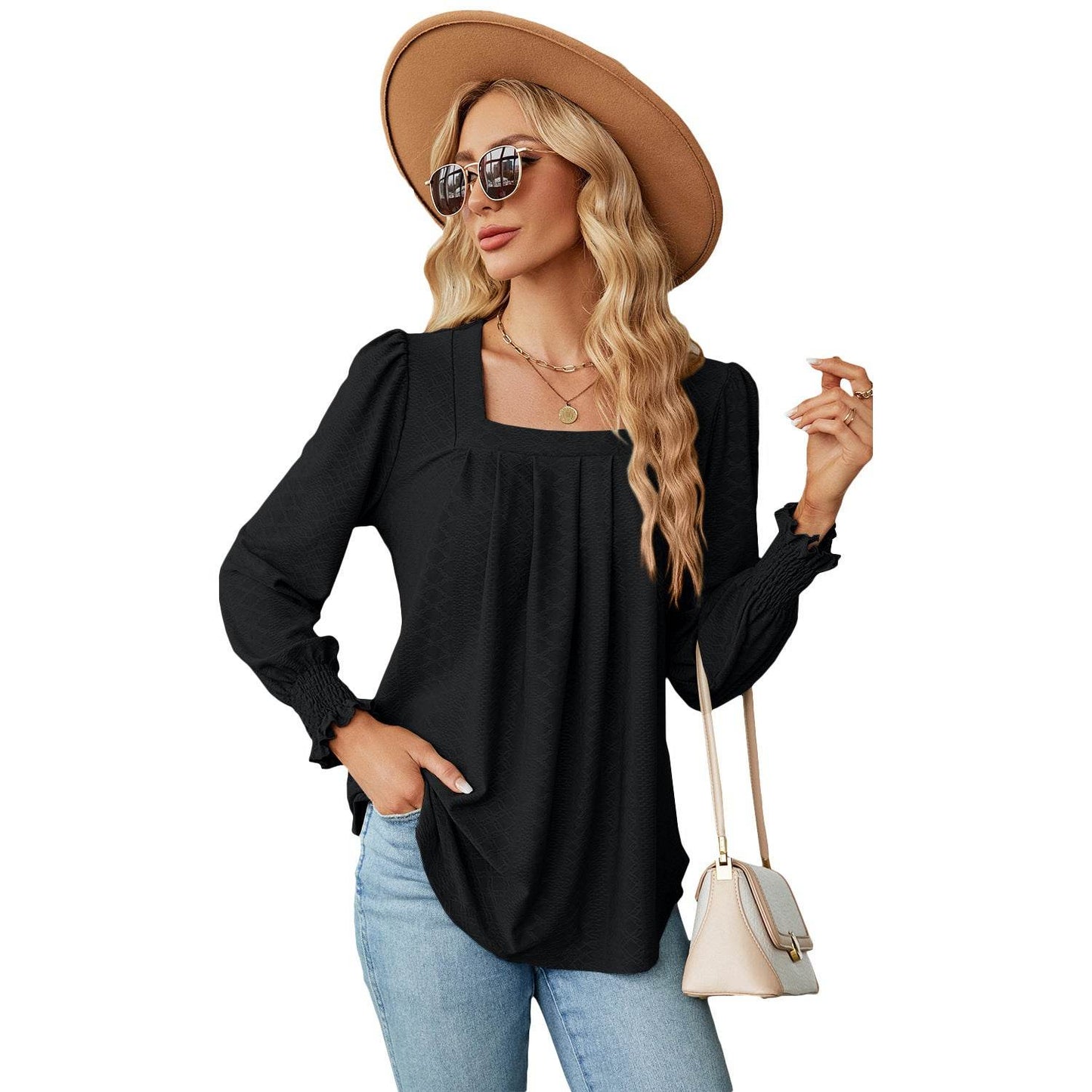 New Jacquard Pleated Square Neck T-shirt Fashion Solid Color Long Sleeve Pullover Tops Womens Clothing - Velora