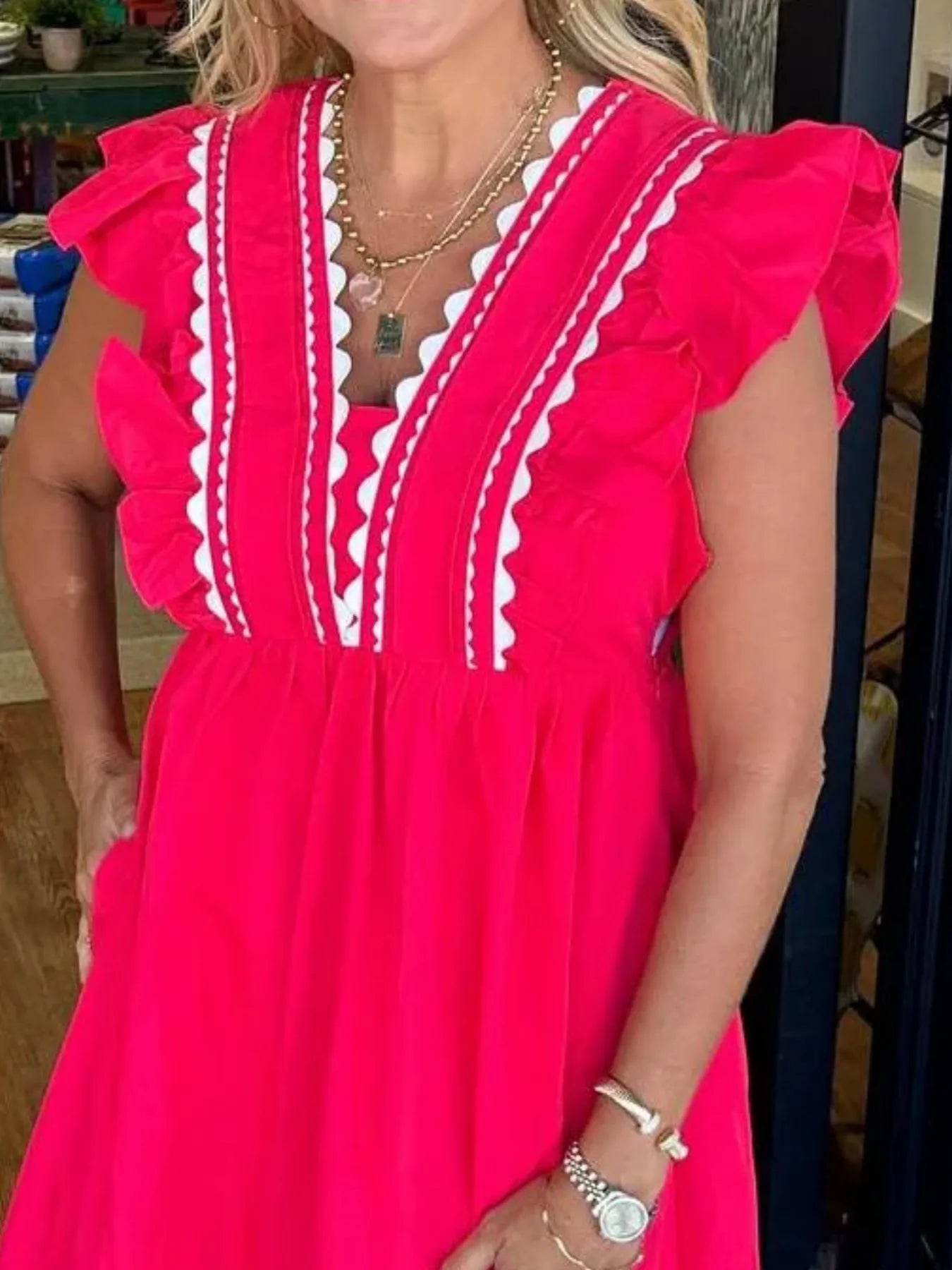 Full Size Contrast Trim Ruffled Cap Sleeve Dress Plus Size - Velora