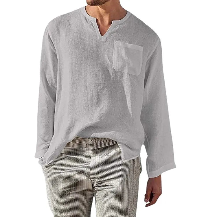 Men's Full Size Casual Notched Linen Long Sleeve Top Plus Size - Velora