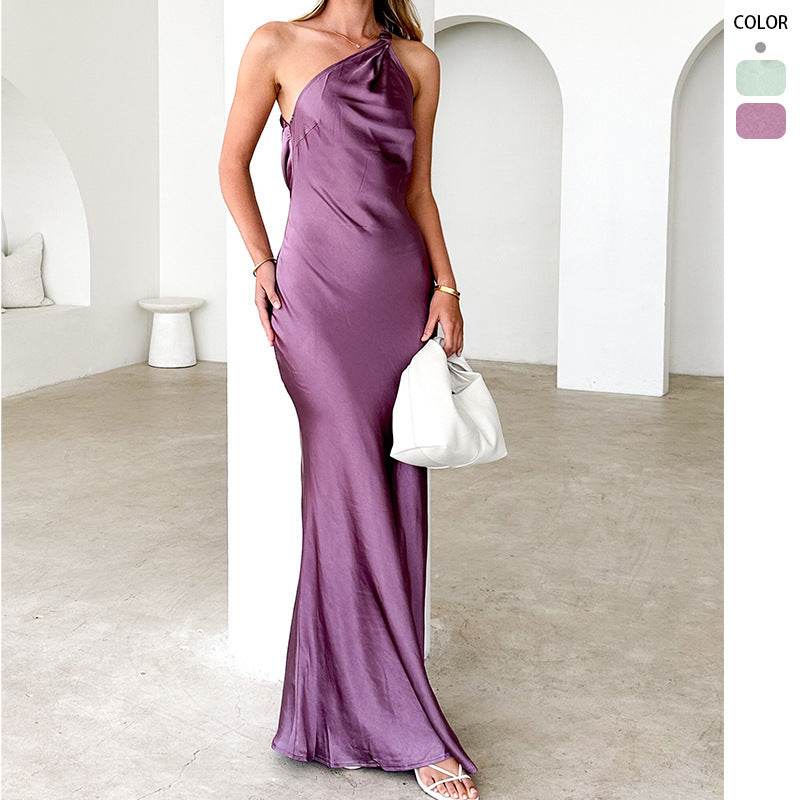 Trendy Sexy Diagonal Collar Sling Fashion Backless Dress - Velora
