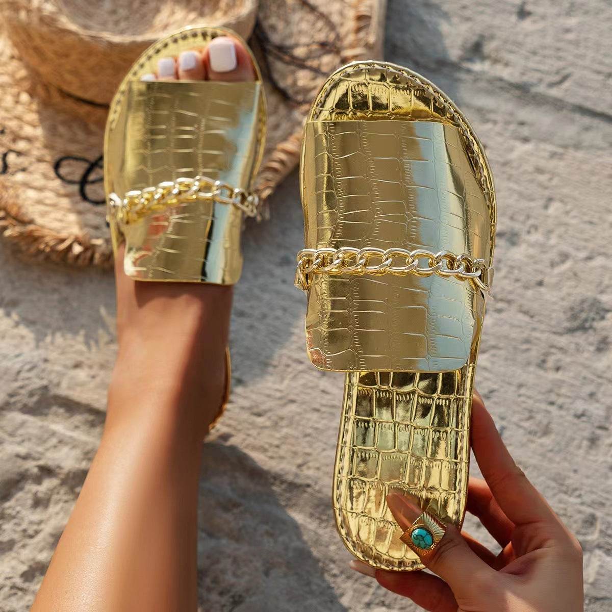 Pattern Chains Sandals Summer Fish Mouth Flat Slides Shoes Women Casual Vacation Beach Slippers - Velora