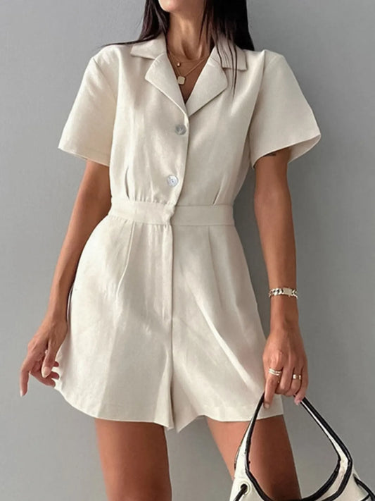 Button-Front Short Sleeve Romper - Velora