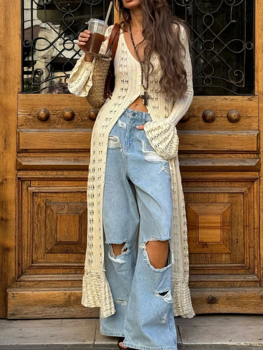 Ruffled Hem Openwork Longline Cardigan - Velora