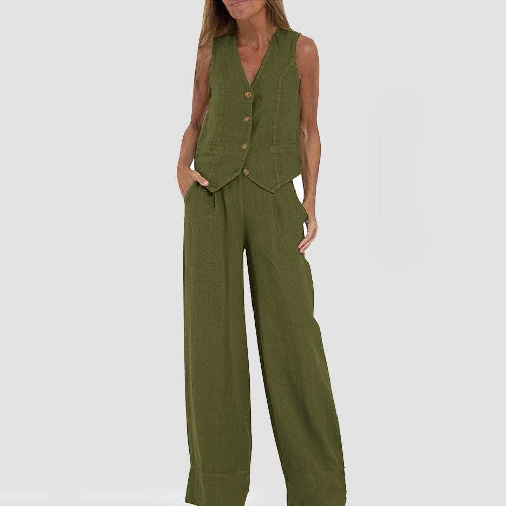 Summer Vest Suits V-neck Botton Sleeveless Top And Loose Straight Trousers Casual Womens Clothing - Velora
