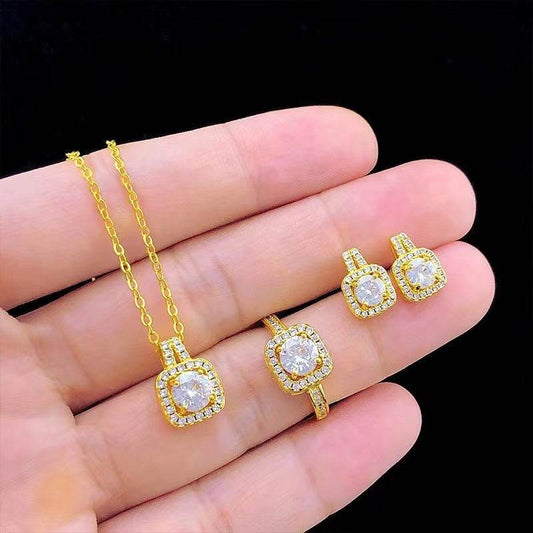 Fashion Jewelry Set Zircon Gem Pendant Chain Choker Necklace For Women Gold Color Stud Earring Statement Wedding Ring - Velora