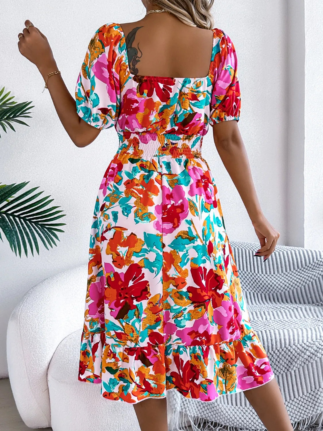 Ruffled Hem Smocked Floral Short Sleeve Midi Dress - Velora