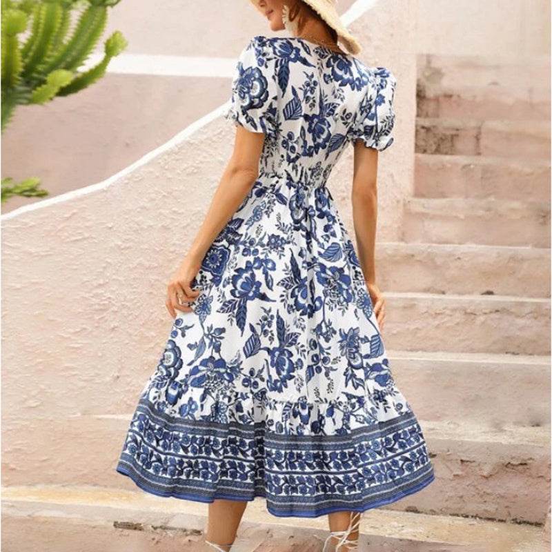 Puff Sleeve dress V Neck Blue Floral Bohemian Midi Dress - Velora