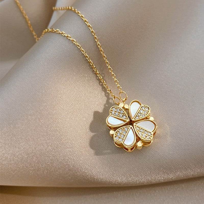 Luxury Four Leaf Clover Pendant Necklace Stainless Steel Crystal Heart Jewelry For Women Gift - Velora